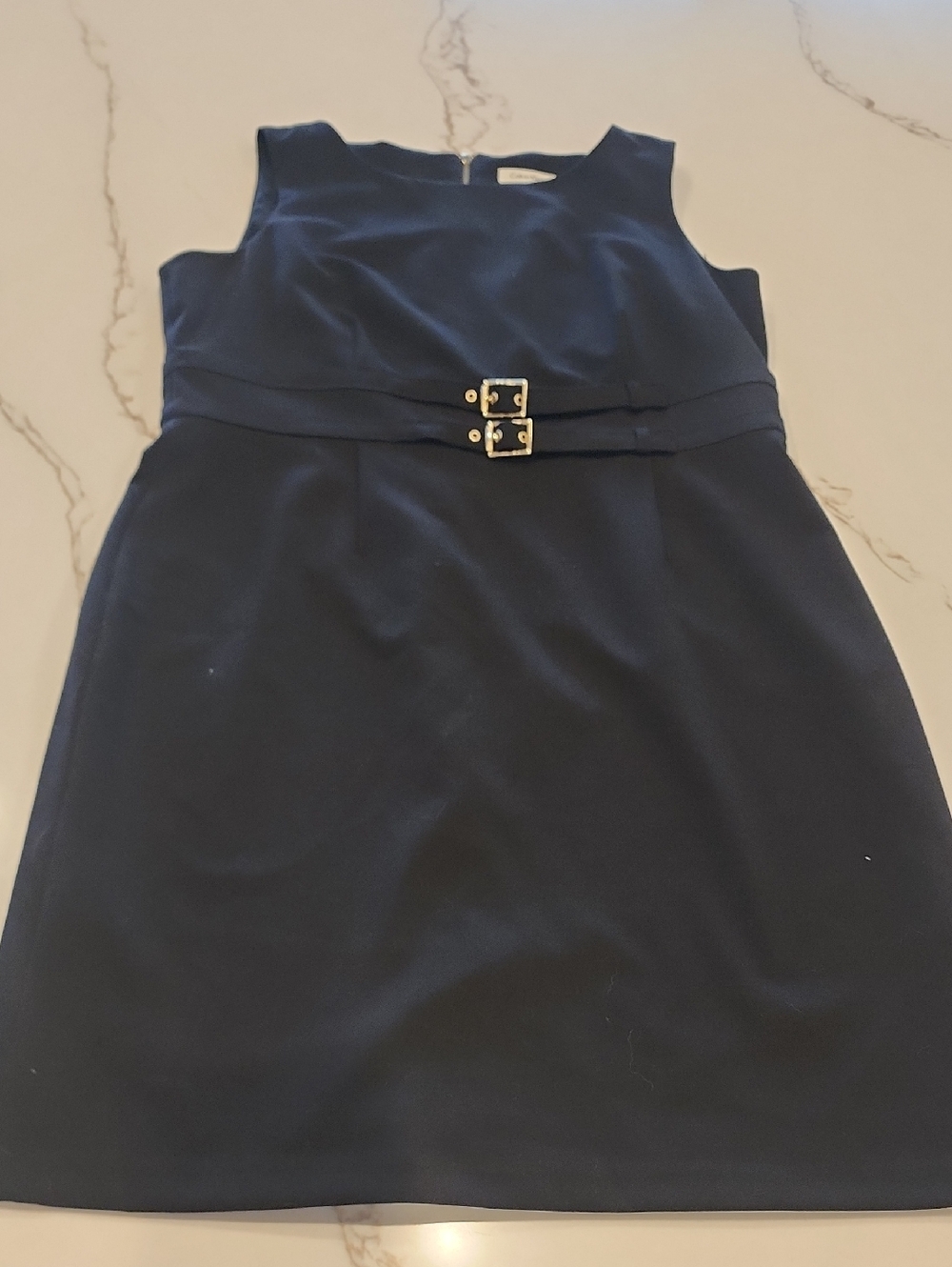 Calvin Klein Black Sheath Dress Size 14 Gold Buckle Belt Career Office Knee 35”
